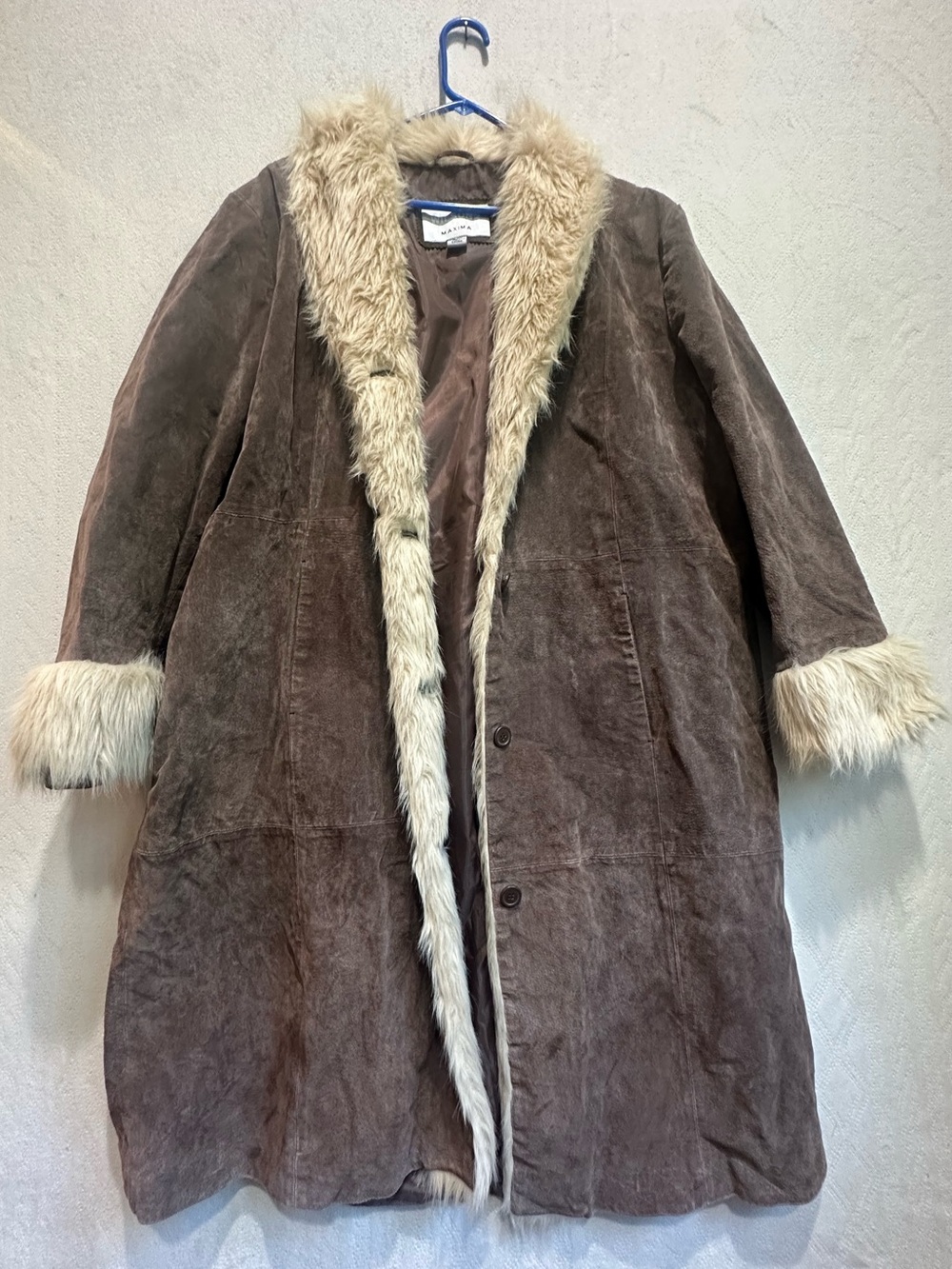 Wilson's Leather Maxima Penny Lane Brown Suede Faux-Fur Long Maxi Coat Sz XL